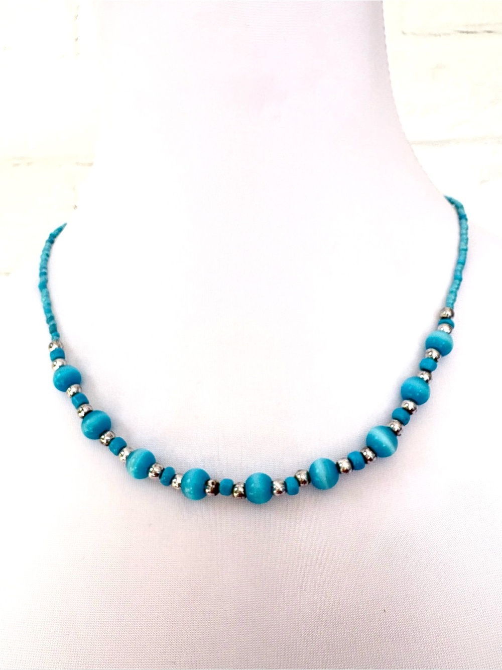 Vintage Blue Cat’s Eye Necklace Glow Glass Stones & Seed Beads
